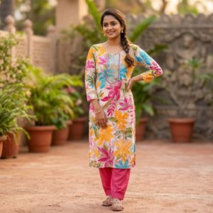 Floral Printed Cotton Kurti with 3/4 Sleeves – Elegant Daily Wear