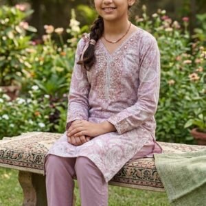 Girls Elegant Printed Cotton Kurti Set with Pant – Soft Pastel Ethnic Wear 2026